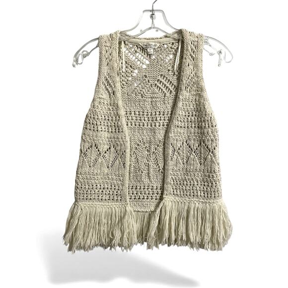 Miss Selfridge Sweaters - Boho Fringe Crochet Vest Size 2 To 4 Cream Miss Selfridge Open Front Hippie